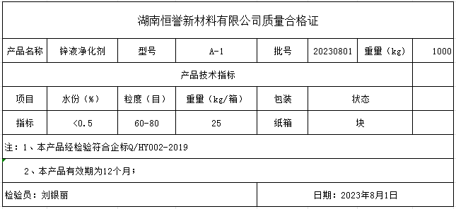 鋅液凈化劑質檢單